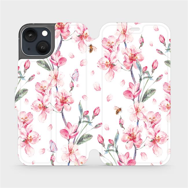 Flip pouzdro Mobiwear na mobil Apple iPhone 13 - M124S Růžové květy (Parádní flip obal, kryt, pouzdro Mobiwear na mobilní telefon Apple iPhone 13 s motivem M124S Růžové květy)