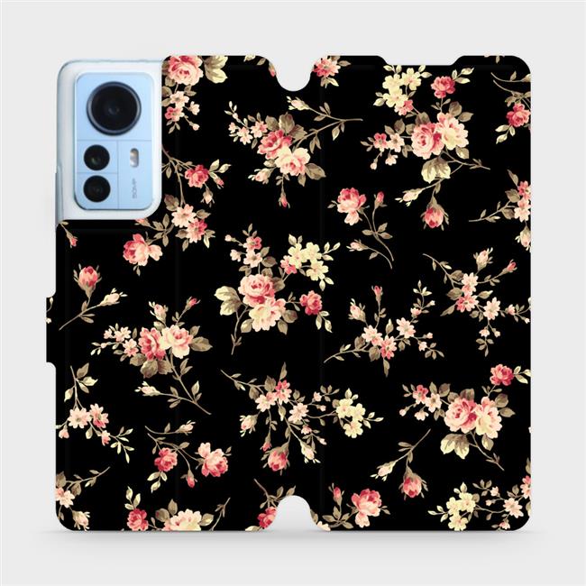 Flip pouzdro Mobiwear na mobil Xiaomi 12 Pro - VD02S Květy na černé (Parádní flip obal, kryt, pouzdro Mobiwear na mobilní telefon Xiaomi 12 Pro s motivem VD02S Květy na černé)