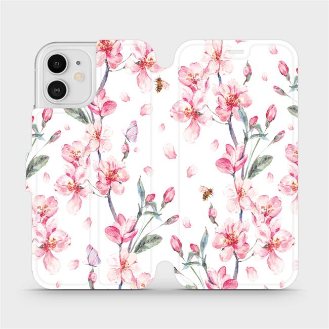 Flipové pouzdro Mobiwear na mobil Apple iPhone 12 - M124S Růžové květy (Parádní flipový kryt, obal, pouzdro Mobiwear na mobilní telefon Apple iPhone 12 s motivem M124S Růžové květy)