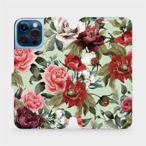 Flip pouzdro Mobiwear na mobil Apple iPhone 13 Pro Max - MD06P Růže a květy na světle zeleném pozadí