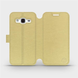 Parádní flip pouzdro Mobiwear na mobil Samsung Galaxy J3 2016 v provedení C_GOP Gold&Orange s oranžovým vnitřkem