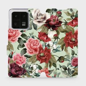 Flip pouzdro Mobiwear na mobil Xiaomi 13 Pro - MD06P Růže a květy na světle zelené