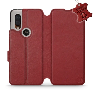 Etui ze skóry naturalnej do Motorola One Vision - wzór Dark Red Leather