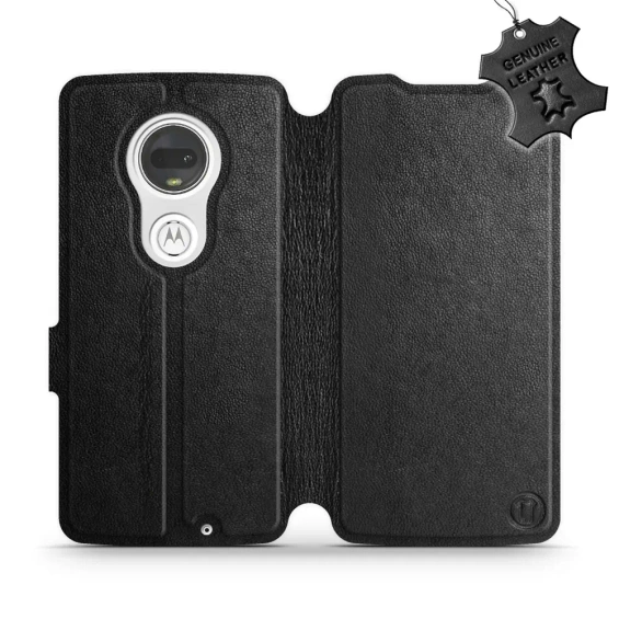 Etui ze skóry naturalnej do Motorola Moto G7 Plus - wzór Black Leather