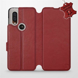 Etui ze skóry naturalnej do Motorola One Vision - wzór Dark Red Leather