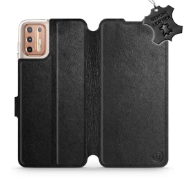 Etui ze skóry naturalnej do Motorola Moto G9 Plus - wzór Black Leather