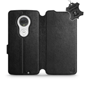 Etui ze skóry naturalnej do Motorola Moto G7 Plus - wzór Black Leather