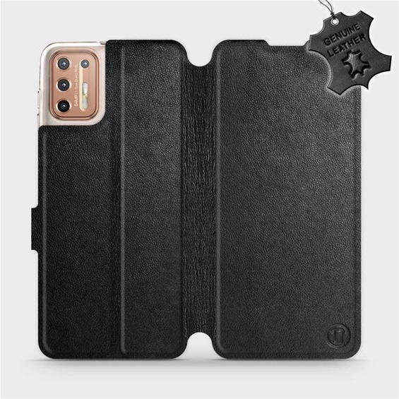 Etui ze skóry naturalnej do Motorola Moto G9 Plus - wzór Black Leather